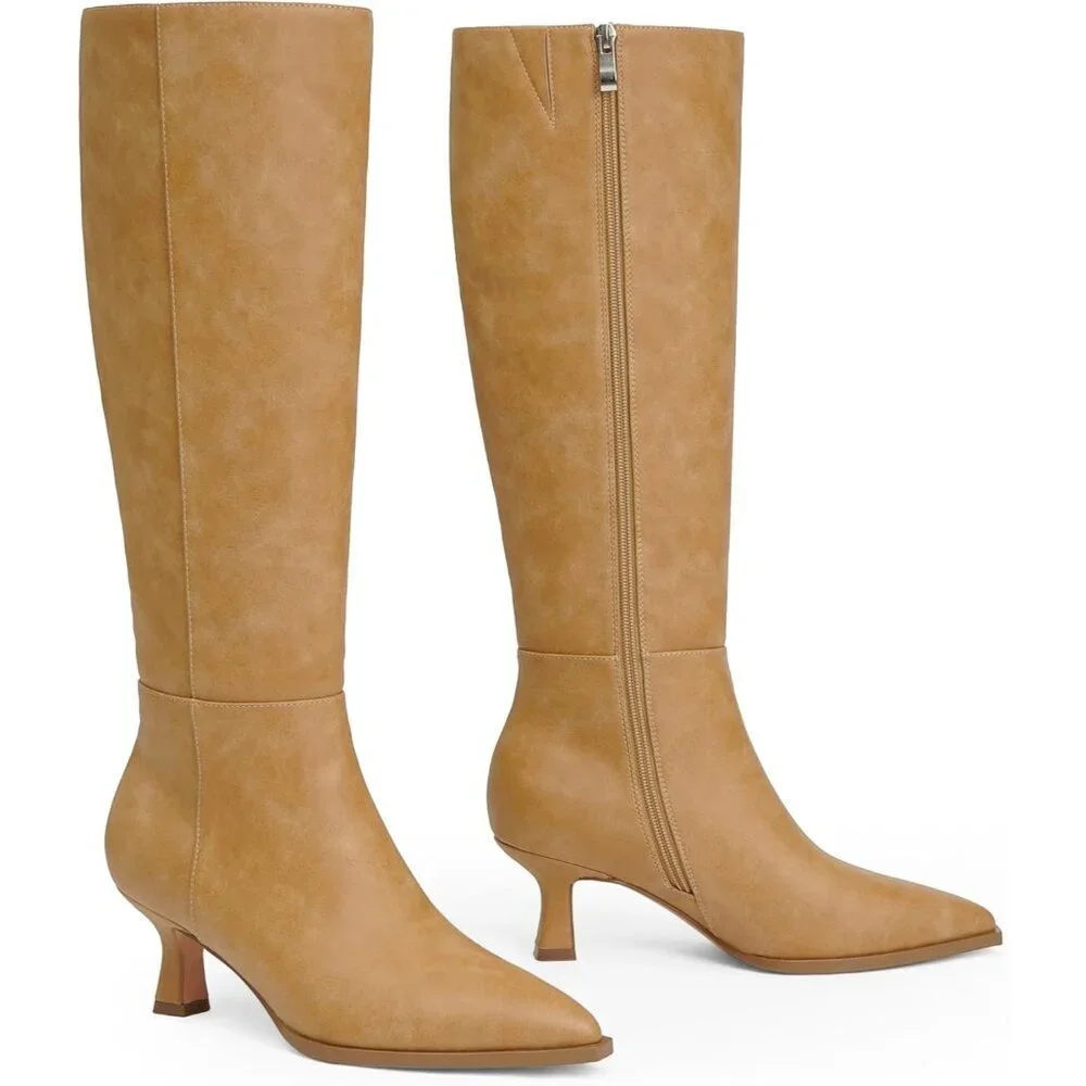 Women's Banana Pu Kitten Low Heel Toe Side Zipper Long Tall Knee High Boots